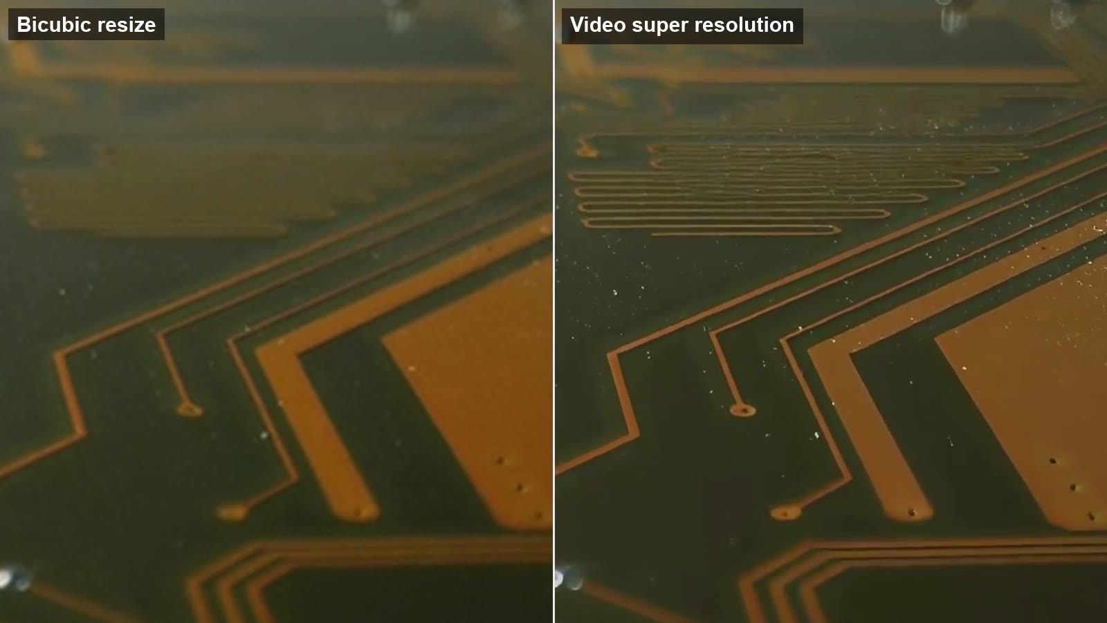 Side-by-side crop comparing a bicubic resize with a video super resolution result on the same frame