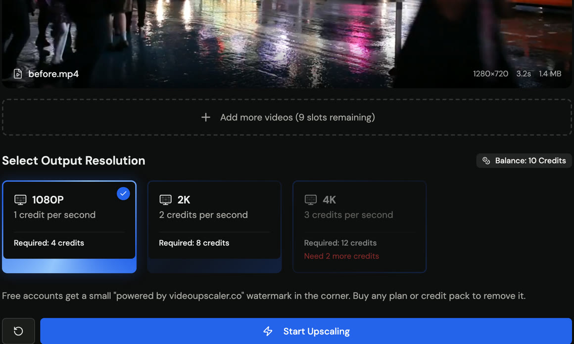 Configuration step of a video upscaling job, choosing the output resolution before submitting